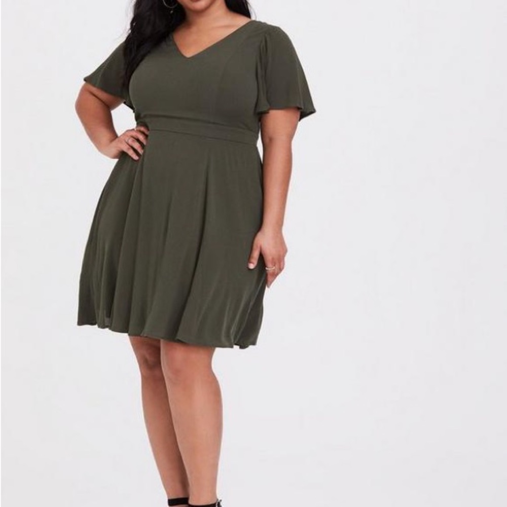 Torrid Olive Gauze Flutter Sleeve Skater Dress